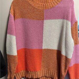 BiBi Vibrant Patchwork Sweater in Orange, Pink, and White